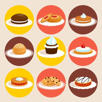 Sweet sugar delicious dessert food vanilla and chocolate cookies colored decorative icons set isolated vector illustration