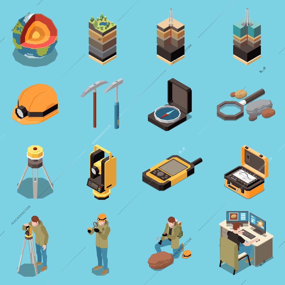 Geology earth exploration isometric icon set different types of soils geologists at work section of the earth to the core compass gauges and explorers vector illustration