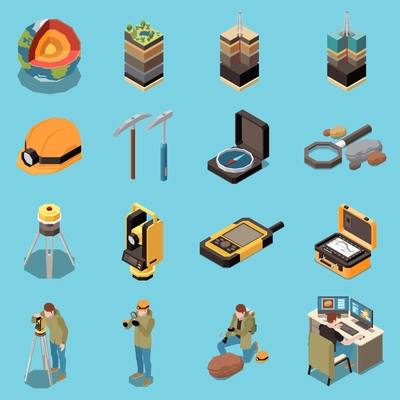 Geology earth exploration isometric icon set different types of soils geologists at work section of the earth to the core compass gauges and explorers vector illustration