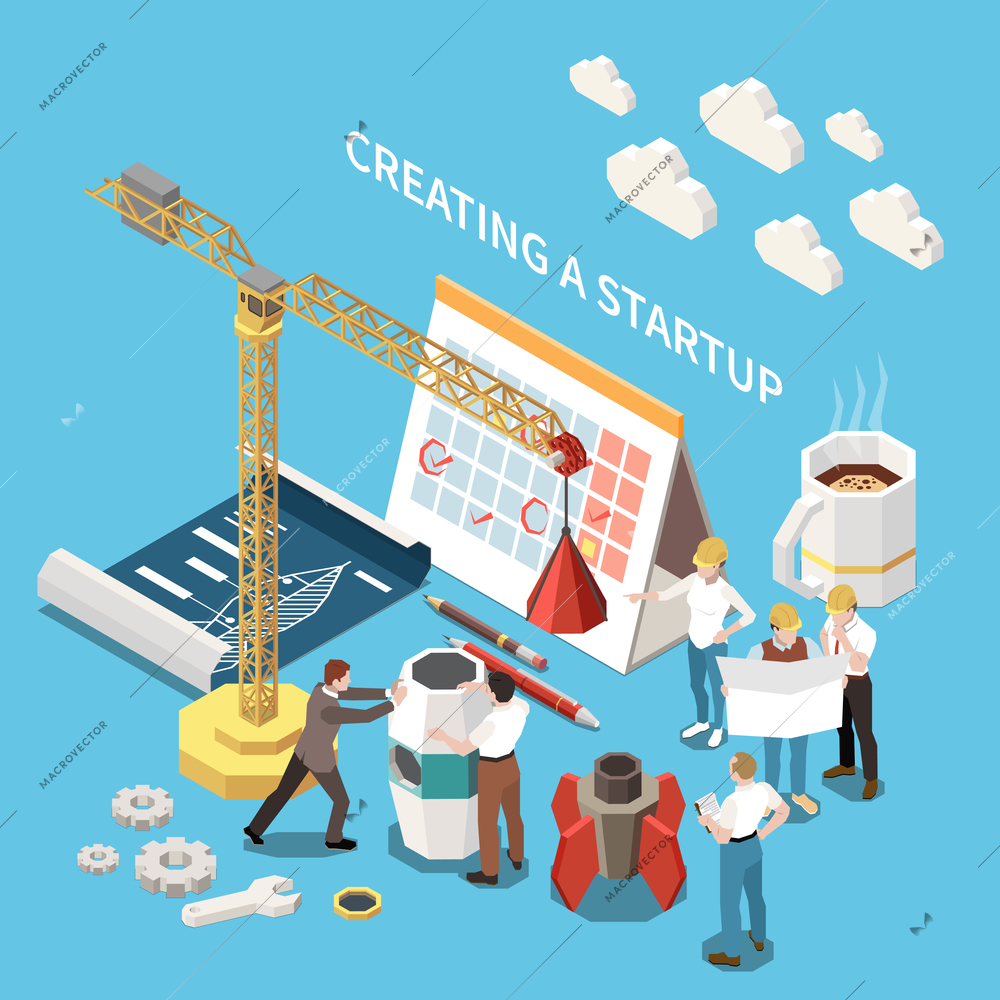 Startup project isometric colored concept with creating a startup descriptions and cup of coffee marketing analysts and tools for work vector illustration