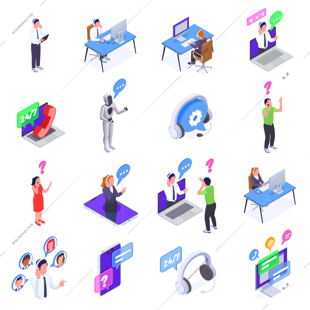 Call center icons set with technical support symbols isometric isolated vector illustration