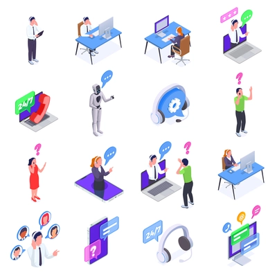 Call center icons set with technical support symbols isometric isolated vector illustration