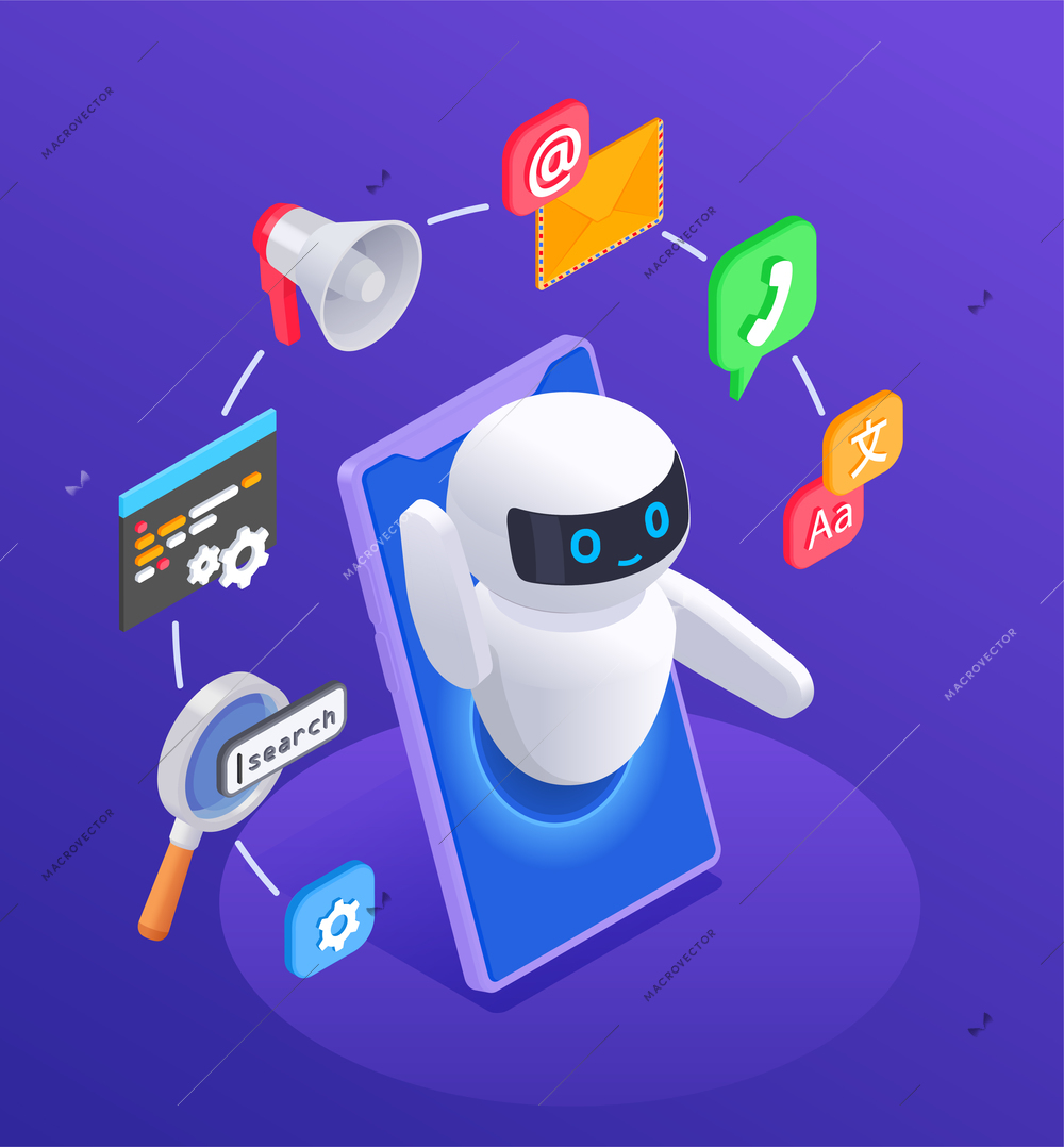 Chatbot messenger concept with options and functions symbols isometric vector illustration