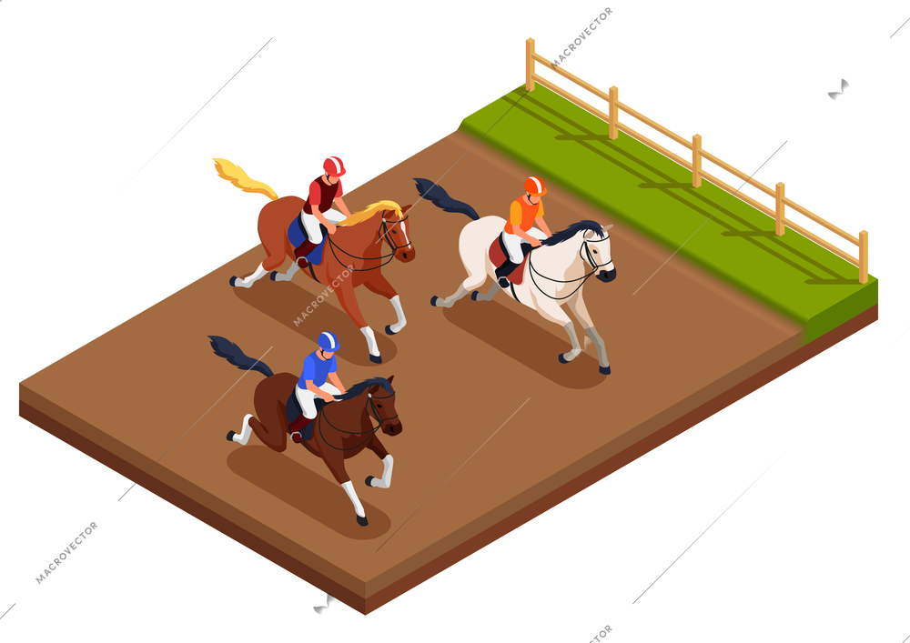 Equestrian sport concept with horse racing symbols isometric vector illustration