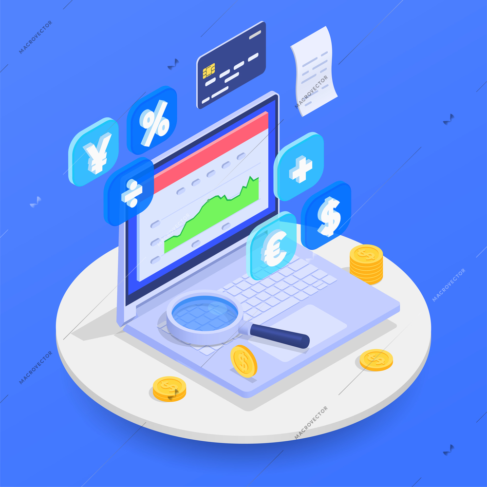 Accounting and financial audit composition with inspection symbols isometric vector illustration