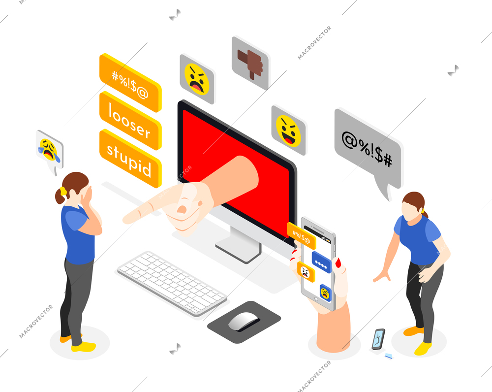 Cyber bullying isometric composition with computer smartphone emoticons offensive messages and human characters of victim and bully vector illustration