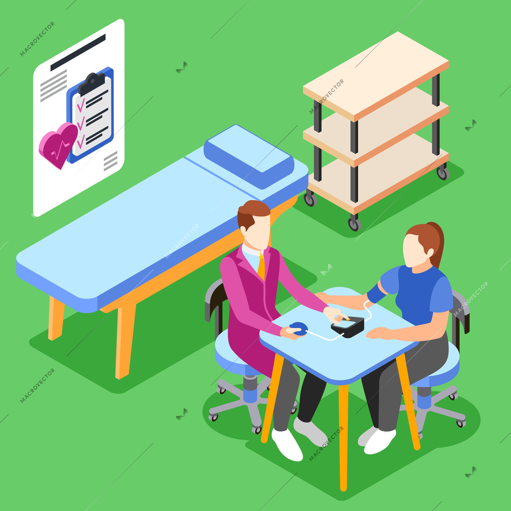 Health checkup with doctor measuring blood pressure to woman in his office on green background 3d isometric vector illustration