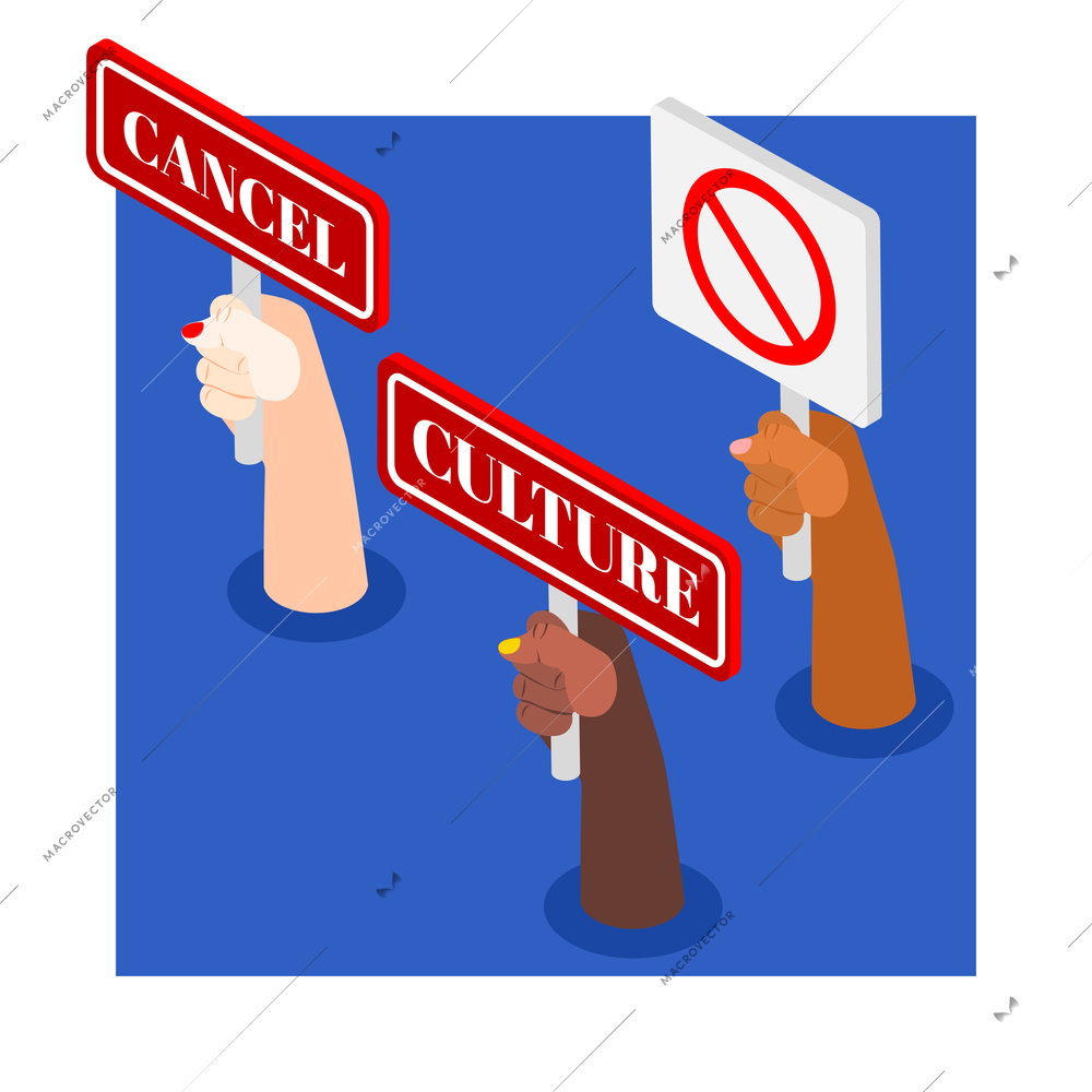 Isometric blue background with human hands holding placards with cancel culture prohibition sign 3d vector illustration