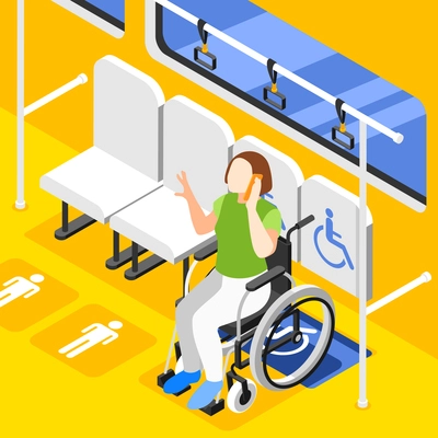 Accessible environment isometric background with talking on phone disabled woman in wheelchair on designated space in train or bus 3d vector illustration