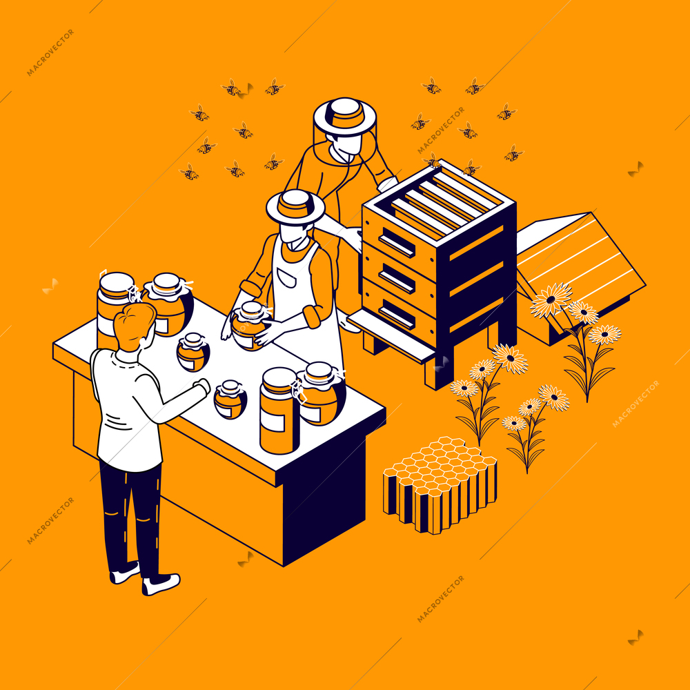 Beekeeping isometric composition with hive and characters of beekeepers selling honey in glass cans with buyer vector illustration