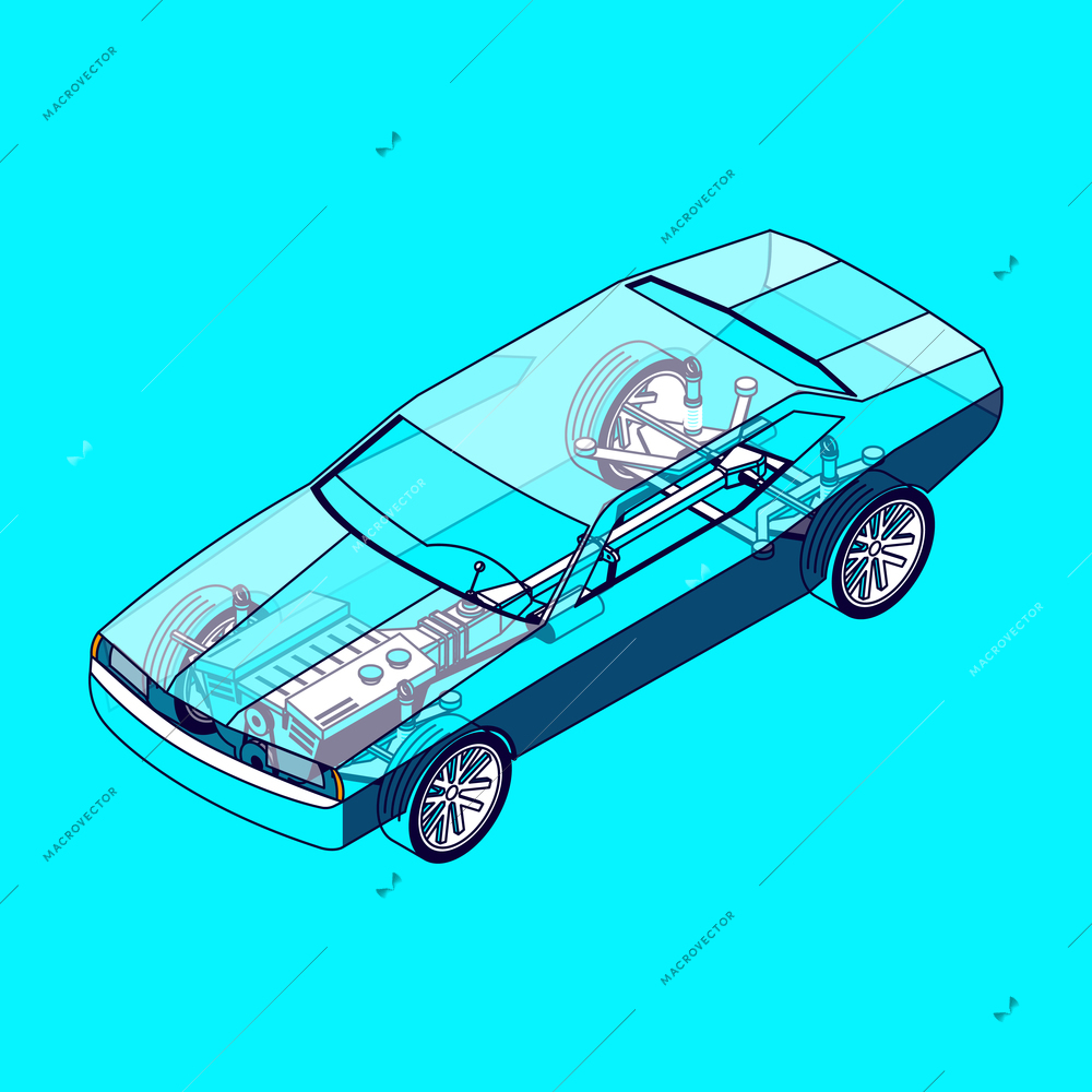 Car parts isometric composition with isolated image of transparent automobile body with visible parts of motor vector illustration