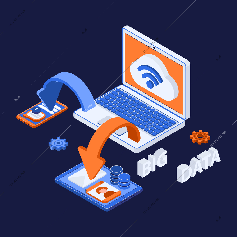 Isometric flowchart illustrating cloud exchange of big data by computer and digital devices vector illustration