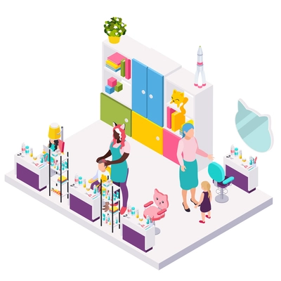 Children hairdresser beauty salon isometric composition with characters of female haircutters with kids and workspace furniture vector illustration