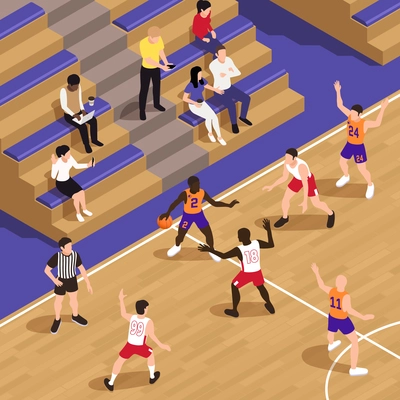 Basketball isometric composition with indoor court scenery with sitting people watching game and playing team members vector illustration