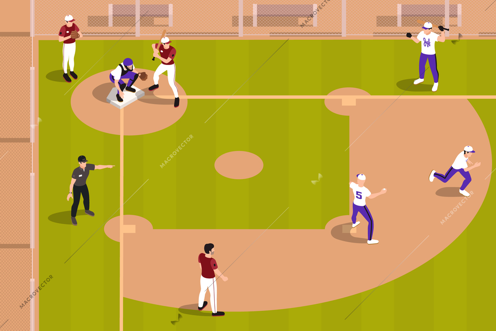 Baseball isometric composition with view of ball field with players on playable positions referee and benches vector illustration