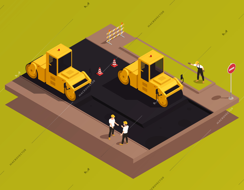 Road construction isometric composition with traffic cones human workers and roller machines surfacing road with asphalt vector illustration