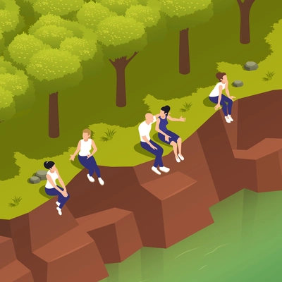 Sitting people isometric composition with outdoor river bank landscape and faceless human characters of relaxing persons vector illustration