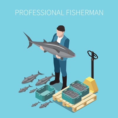 Industrial fishing fresh capture seafood auction market sale isometric composition with fisherman holding huge fish vector illustration