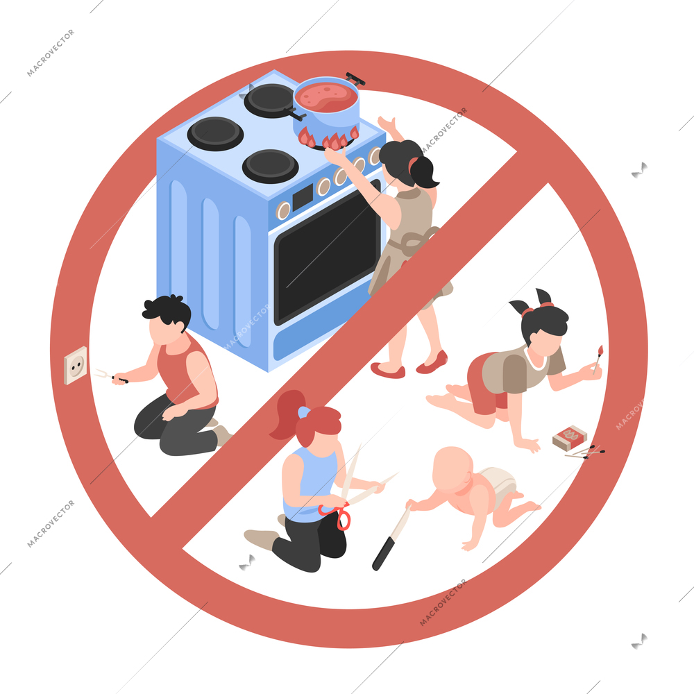 Isometric children safety composition with characters of kids playing with dangerous household appliances with prohibition sign vector illustration