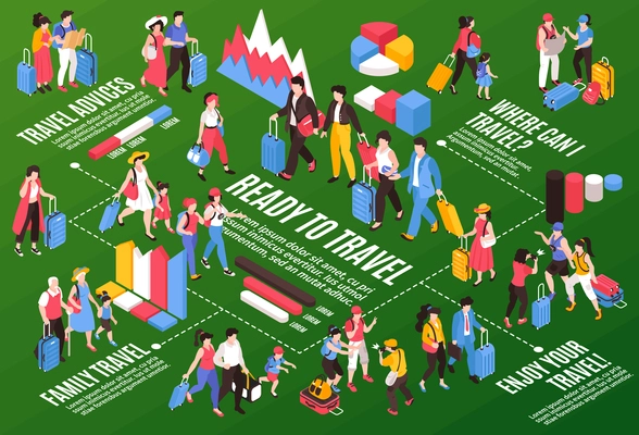 Isometric travel people horizontal composition with infographic elements of bar charts graphs text and human characters vector illustration