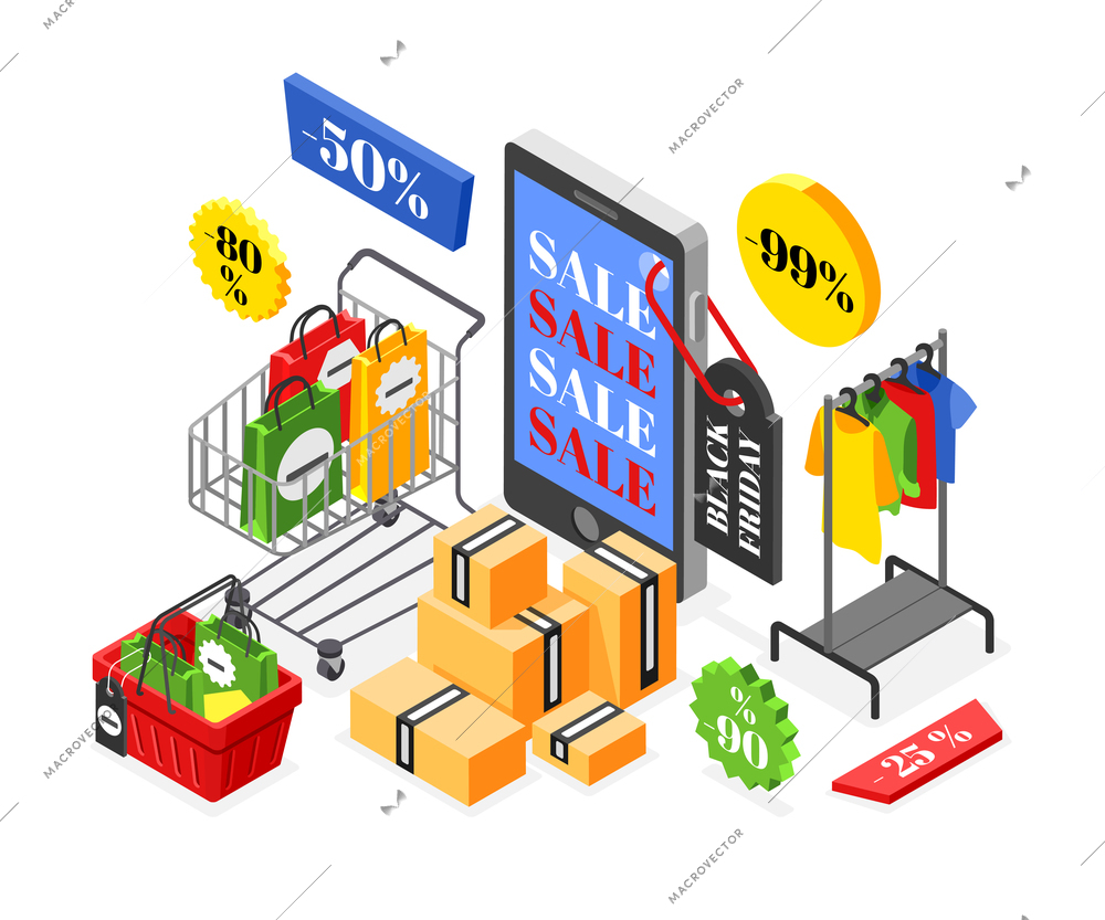 Black friday isometric design concept with sale text on smartphone screen and many goods in shopping boxes vector illustration