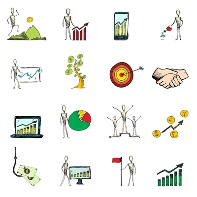 Doodle business organization management process people colored icons set isolated vector illustration.