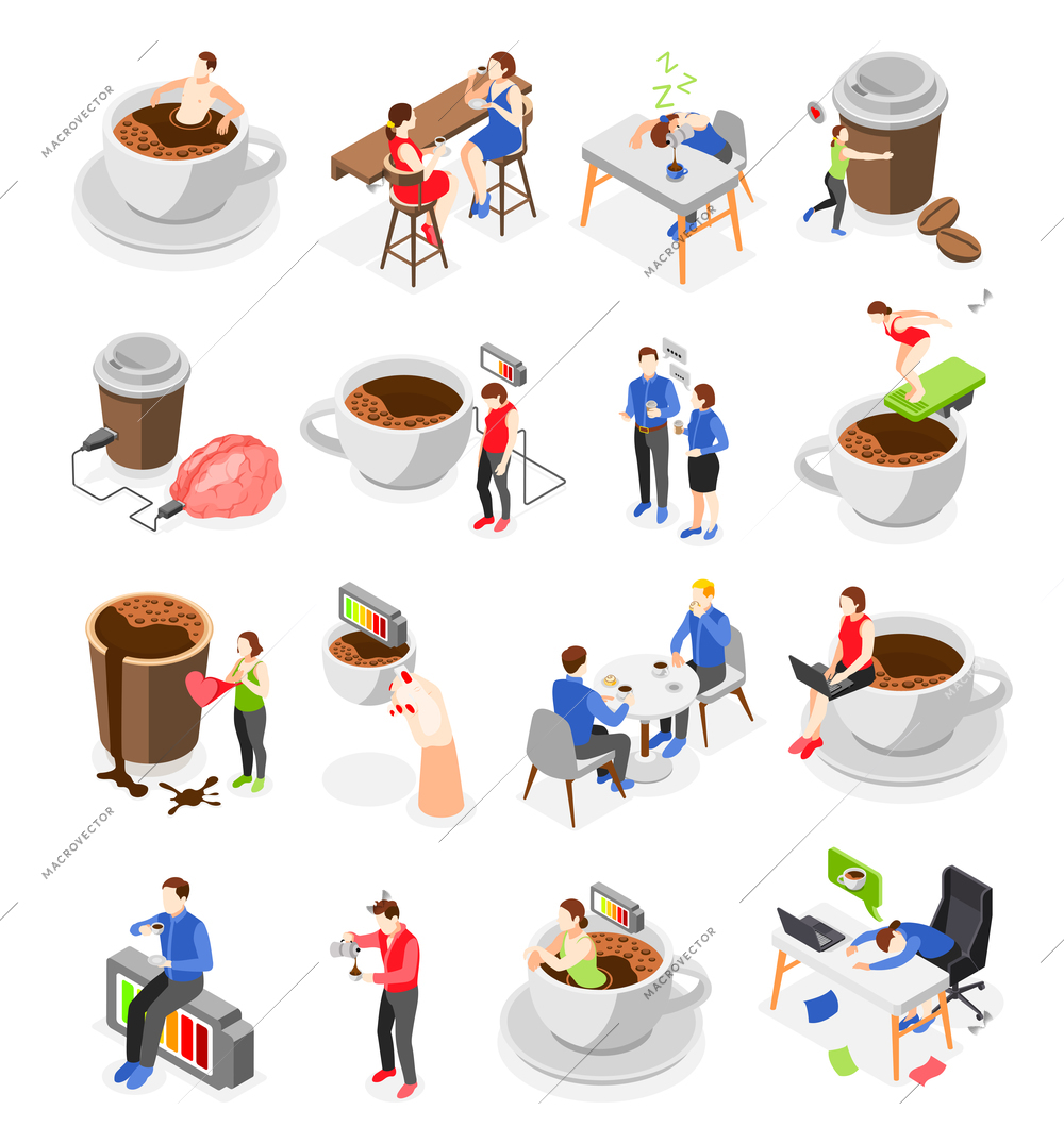 Coffee concept isometric icons set of staff taking coffee break and relaxing in cafe isolated vector illustration