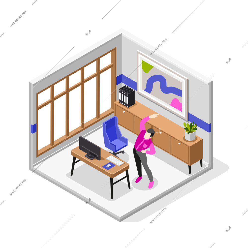 Office stretches isometric vector illustration with male character doing body workout for healthy back in workspace