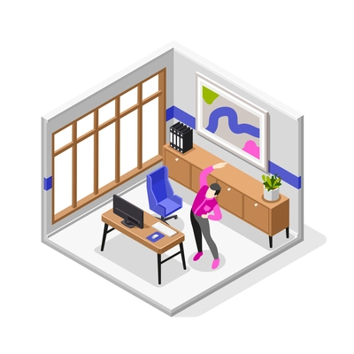 Office stretches isometric vector illustration with male character doing body workout for healthy back in workspace