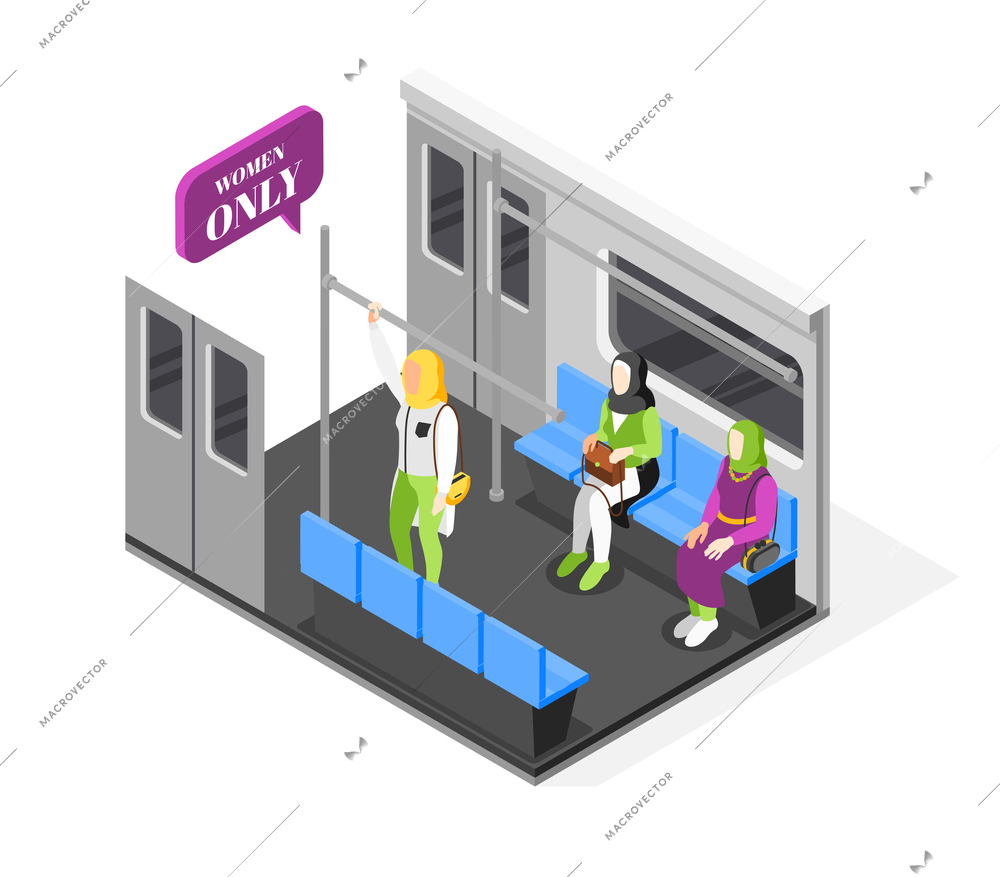 Women only isometric composition with arab female characters wearing hijab sitting in subway car vector illustration