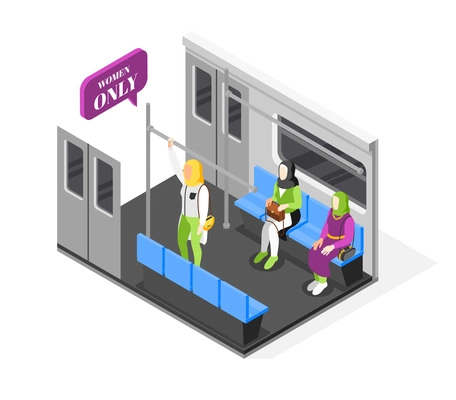 Women only isometric composition with arab female characters wearing hijab sitting in subway car vector illustration