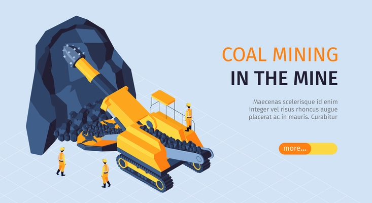 Coal mining industry isometric horizontal web banner with ore crushing extraction machinery miners in uniform vector illustration