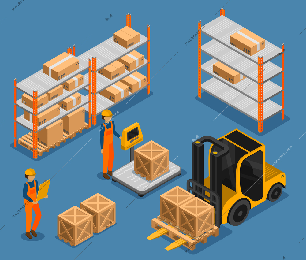 Warehouse isometric composition with characters of workers with parcels on shelves and forklift vehicle with freight vector illustration