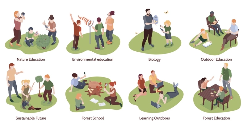 School college nature education program sustainability concept isometric composition with outdoor practical activities biology lessons vector illustration