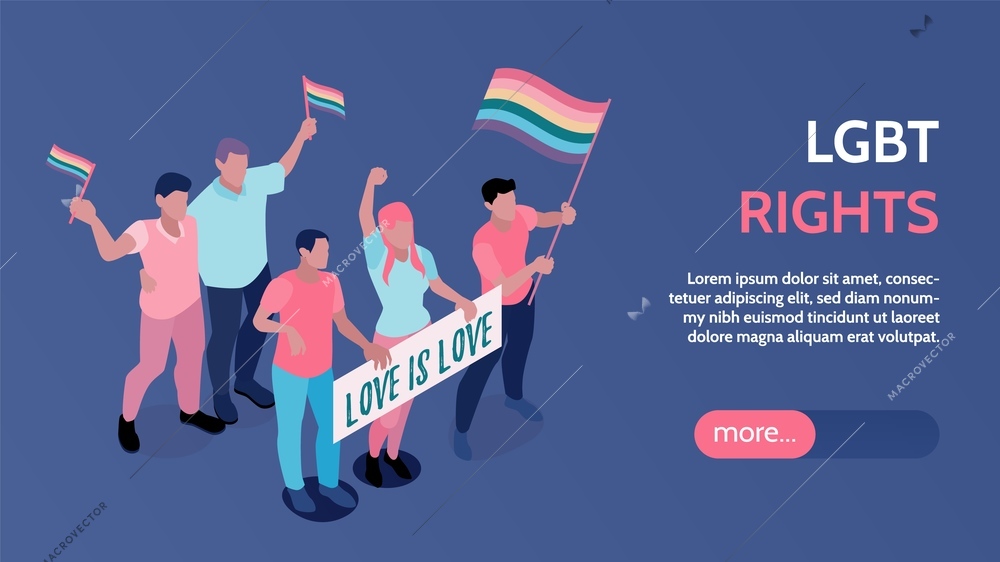 LGBT community isometric landing page horizontal web banner homosexual relationship recognition anti discrimination rights movement vector illustration