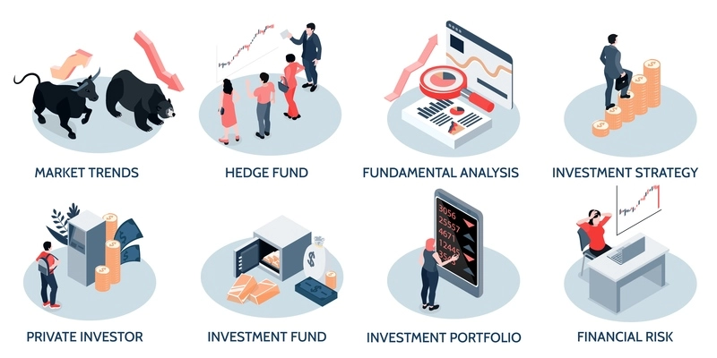 Investment strategy isometric concept 8 isometric compositions with market trend bull bear symbols risks analysis vector illustration