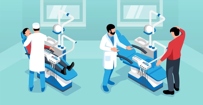 Dentistry isometric horizontal vector illustration of stomatologists consulting and treating patients in dentist office