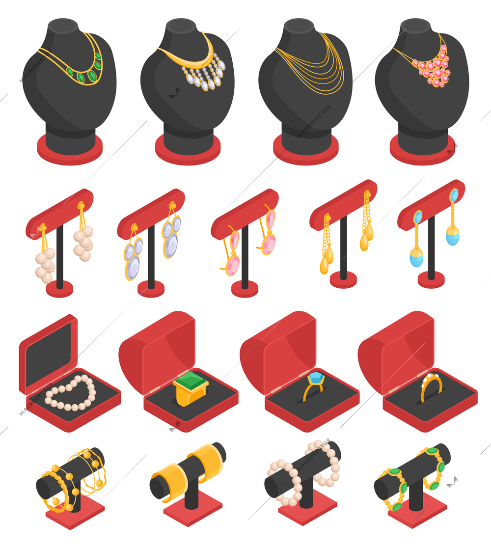 Isometric jewelry set with isolated necklaces earrings rings and bracelets on stands and in boxes 3d vector illustration