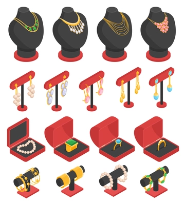 Isometric jewelry set with isolated necklaces earrings rings and bracelets on stands and in boxes 3d vector illustration