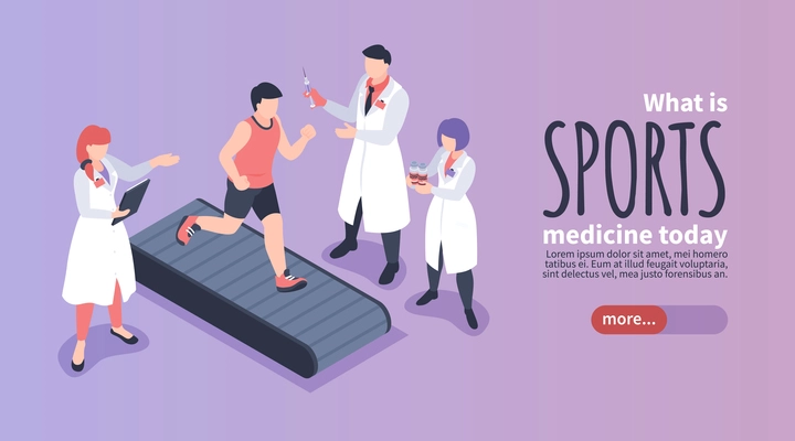 Doping sports medicine isometric horizontal banner with athlete running on treadmill and medical workers holding anabolic steroids 3d vector illustration