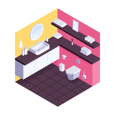 Home toilet interior isometric composition with toilet bowl sink with mirror lockers and shelves for towels and hygiene items vector illustration