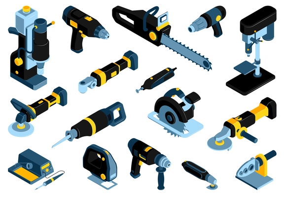 Set of isometric professional electric tools for work with wood metal plastic stone isolated vector illustration