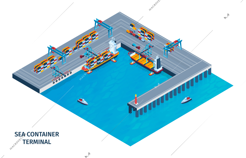 Sea container terminal isometric vector illustration with breakwater and ships standing at pier for loading