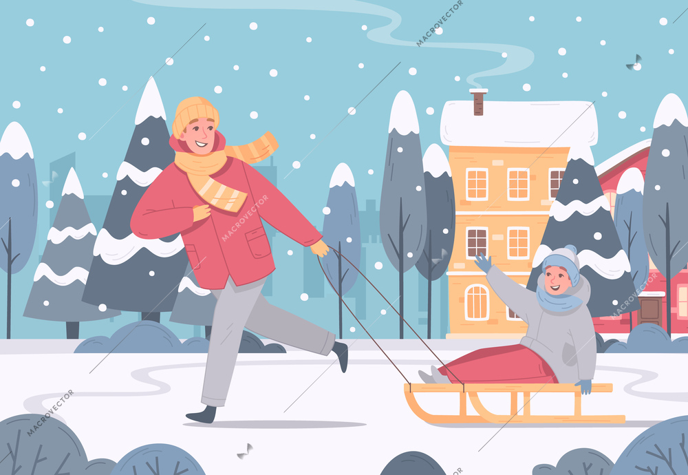 Winter sports leisure activity cartoon composition with outdoor scenery and parent running with kid on sledge vector illustration