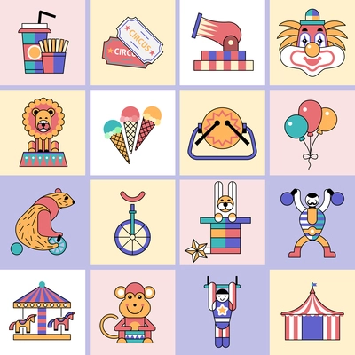 Circus entertainment flat line icons set with food clown trick hat isolated vector illustration