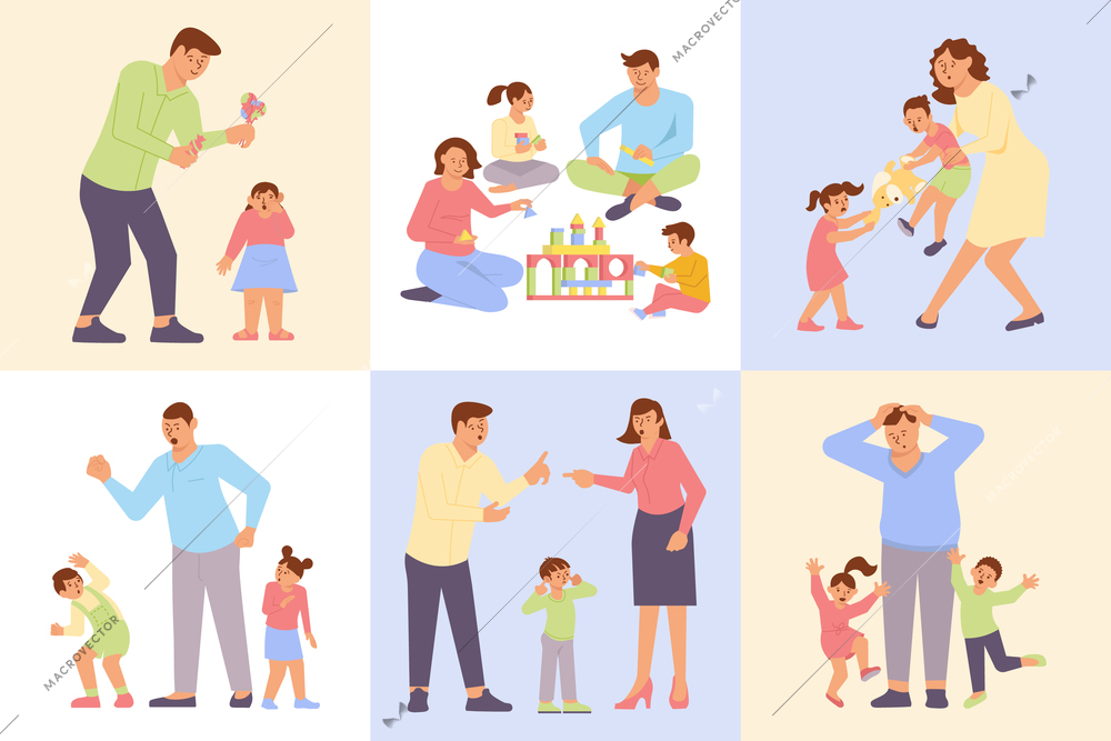 Parenting composition set with happy family screaming parents emotional angry upset children flat isolated vector illustration