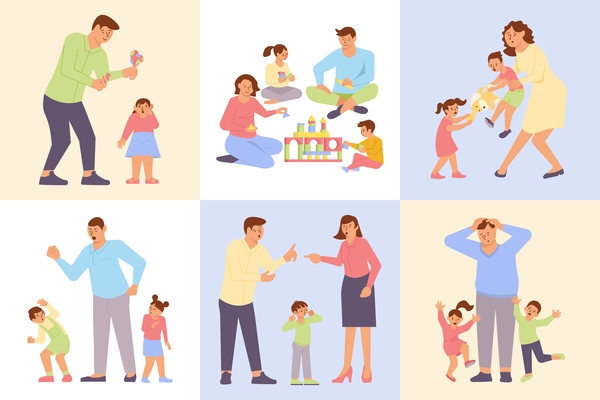 Parenting composition set with happy family screaming parents emotional angry upset children flat isolated vector illustration