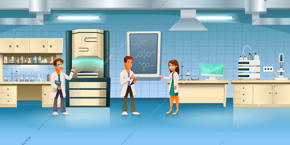 Scientists cartoon composition with indoor view of laboratory with test tubes computer and people vector illustration