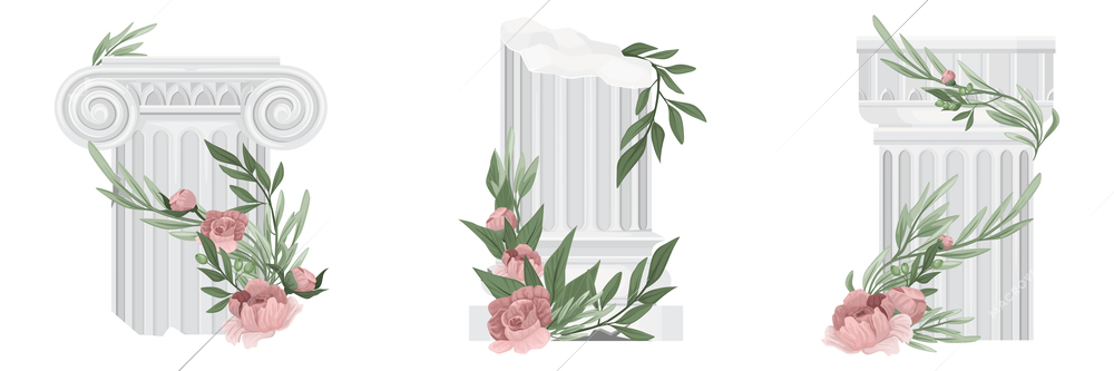 Antique columns flower set with red flowers and ripe green leaves with columns and human leaves vector illustration