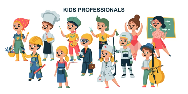 Children profession composition with text and cartoon style character of kids in uniform representing various occupations vector illustration